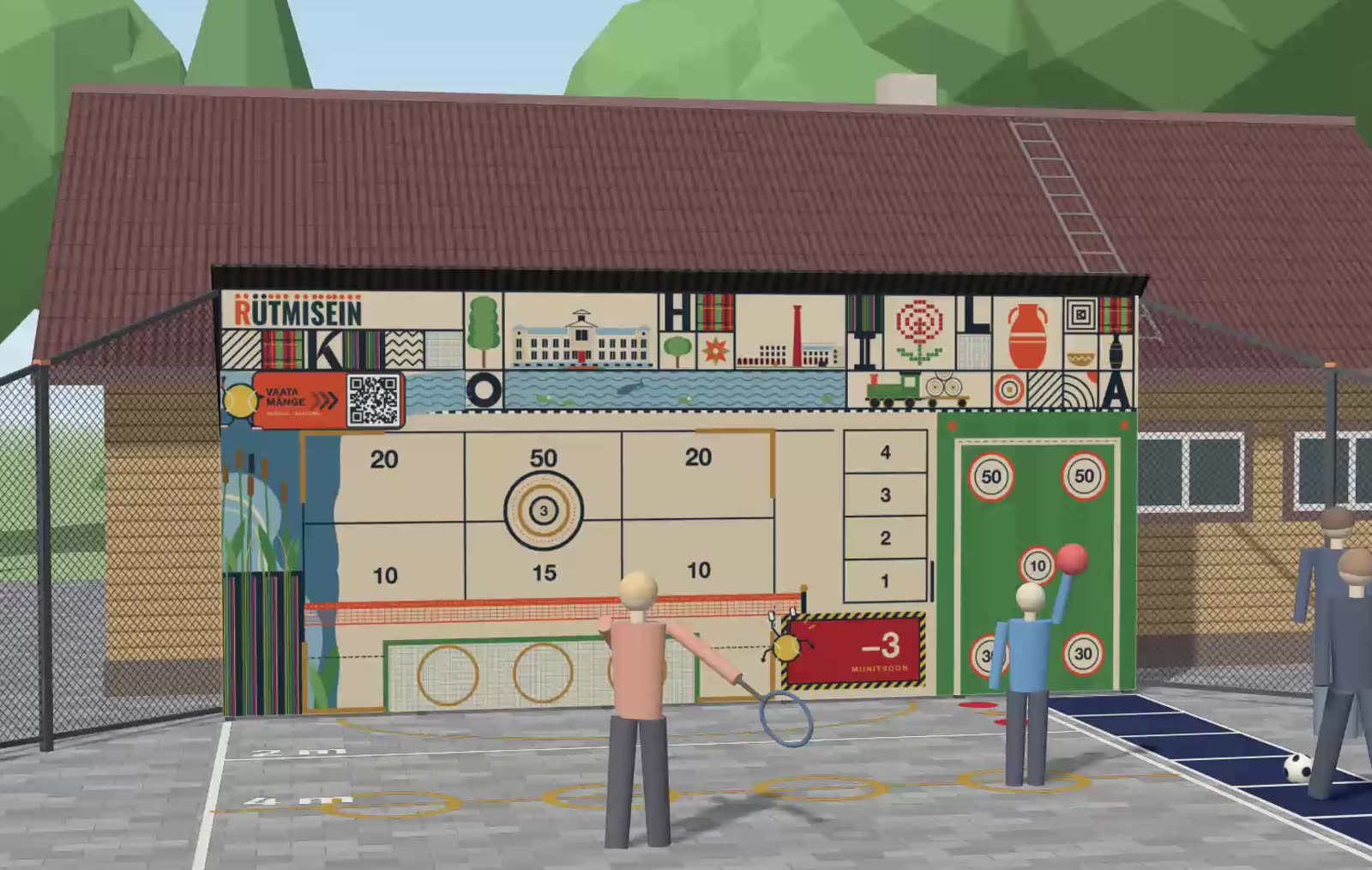 Rütmisein game graphics: score zones 10–50, bullseye, number ladder and penalty zone