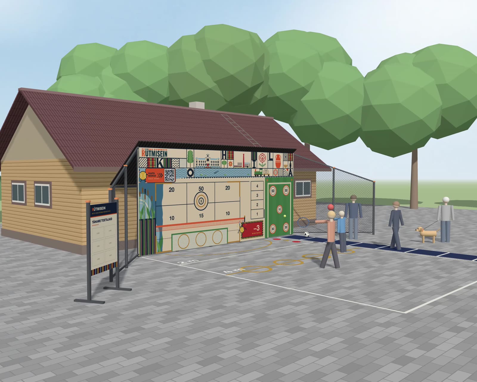 Rütmisein on a school wall with court markings and children playing